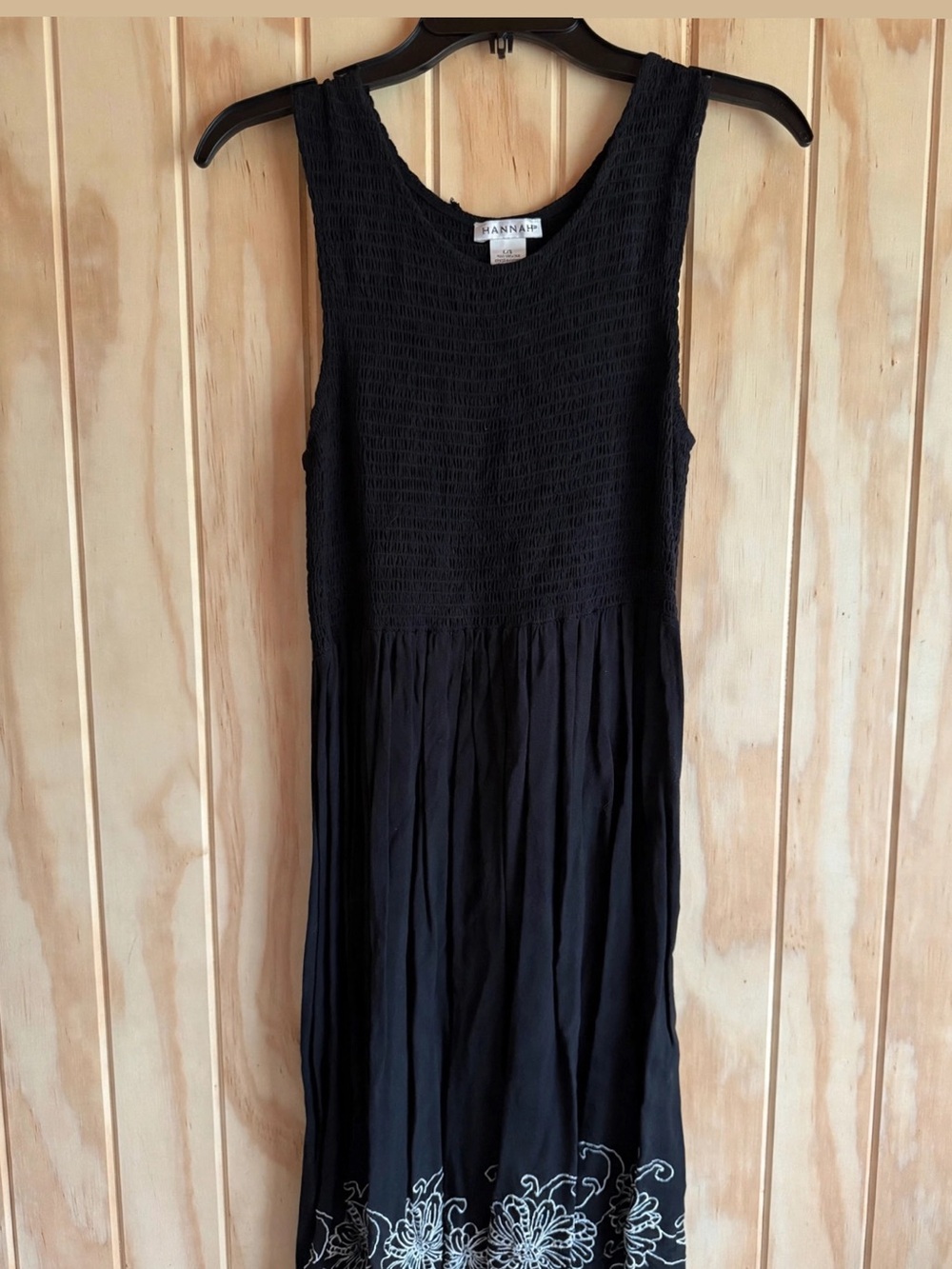 Hannah Black Sleeveless Smocked Bodice Maxi Dress with Embroidered Hem